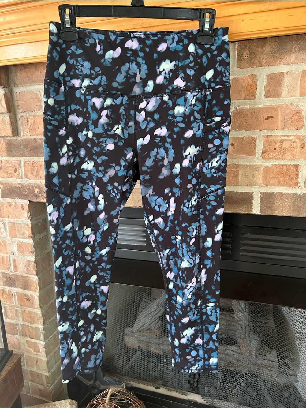 GAIAM Black Leggings with Blue and Lavender Floral Speckle Print